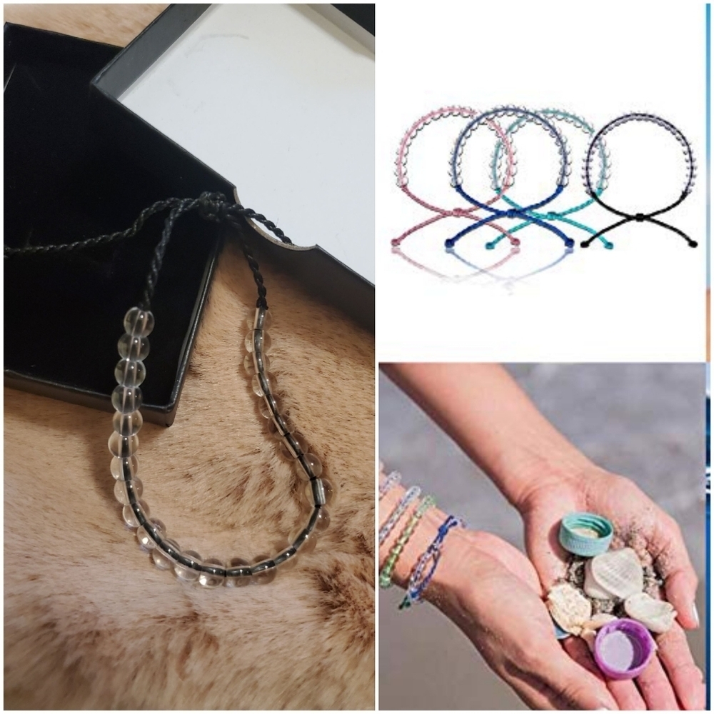 New Ocean Glass Bead & Cord Bracelet (Blac…